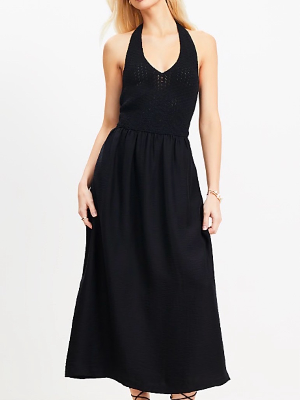 LOFT Black Halter Midi Dress crochet top 8 NWT